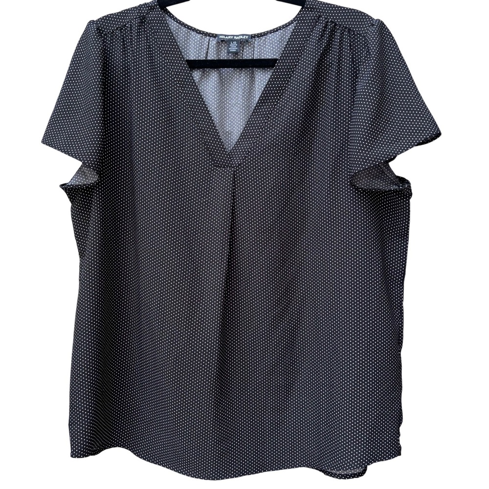 Hilary Radley‎ Black White Polka Dot V-Neck Short Sleeve Blouse.  Dress casual.
